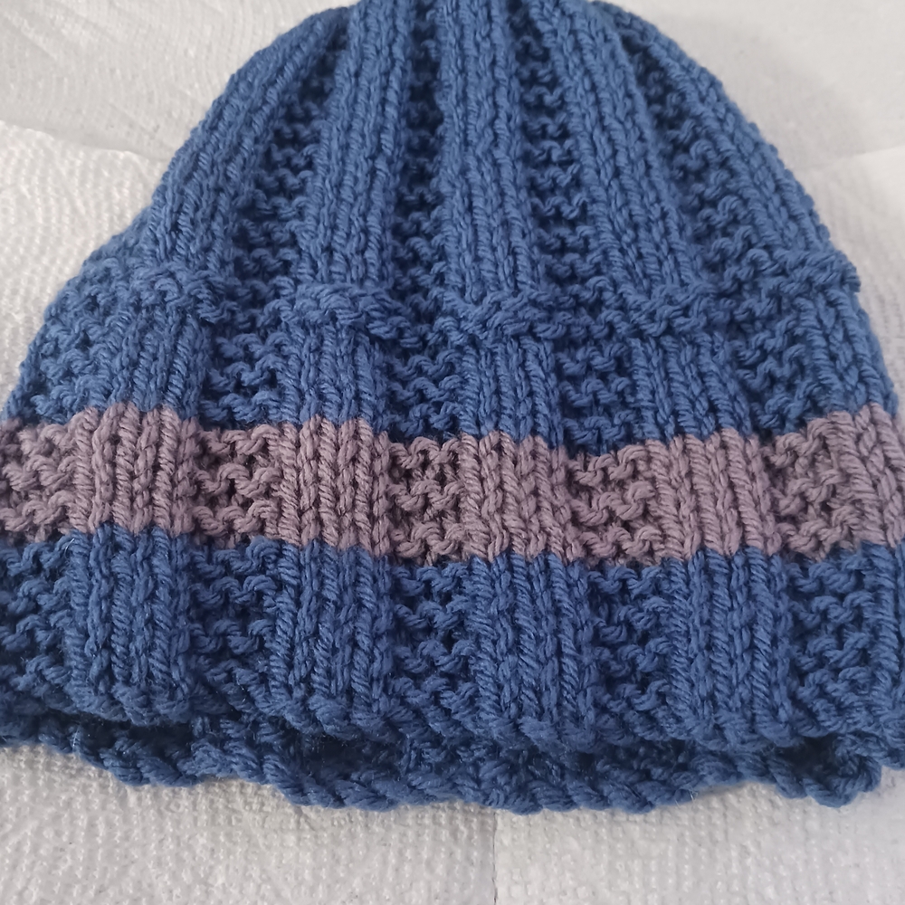 Cozy Blue and Purple Knit Beanie. Hand Knitted Acrylic hat.